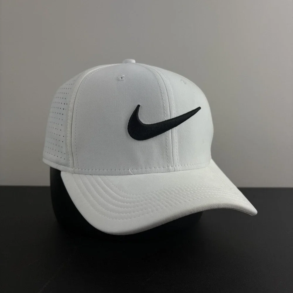 Nike Classic 99 Dri-Fit Golf Hat White Black Perforated AeroBill Swoosh Cap